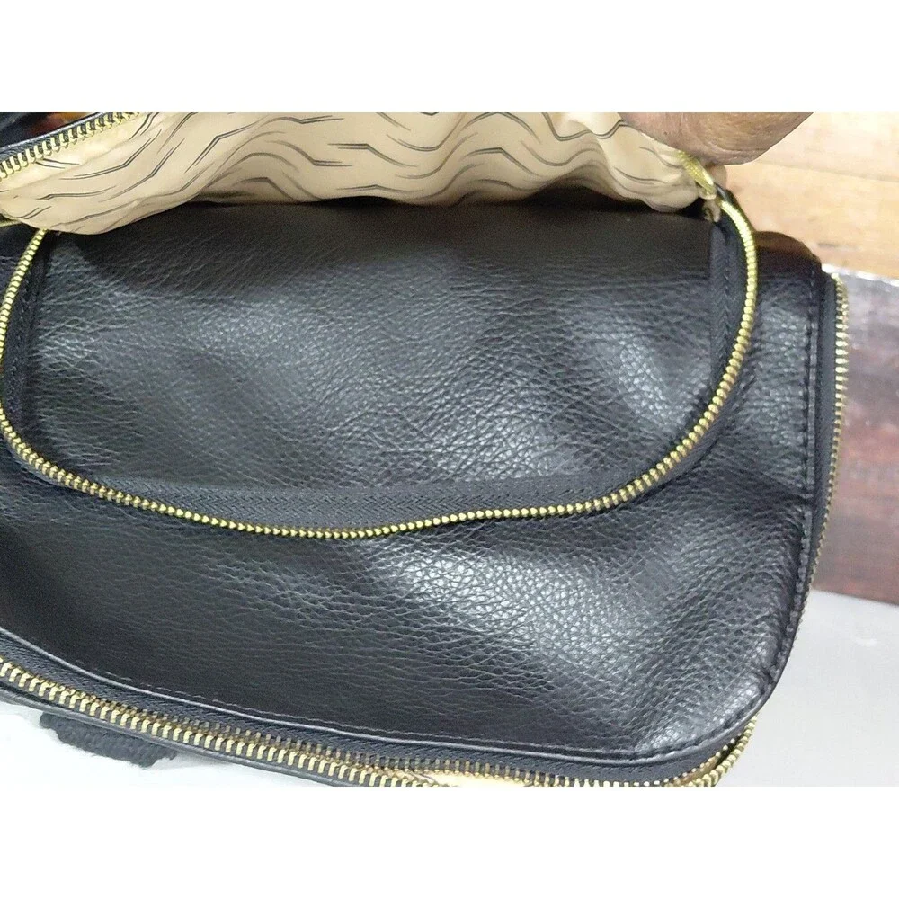 Woman's Black Faux Leather Gold Zippers Double Strap Bookbag Small 11.5